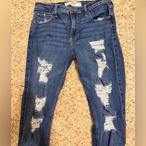 Hollister Women's Ripped Skinny Jeans - Dark Blue